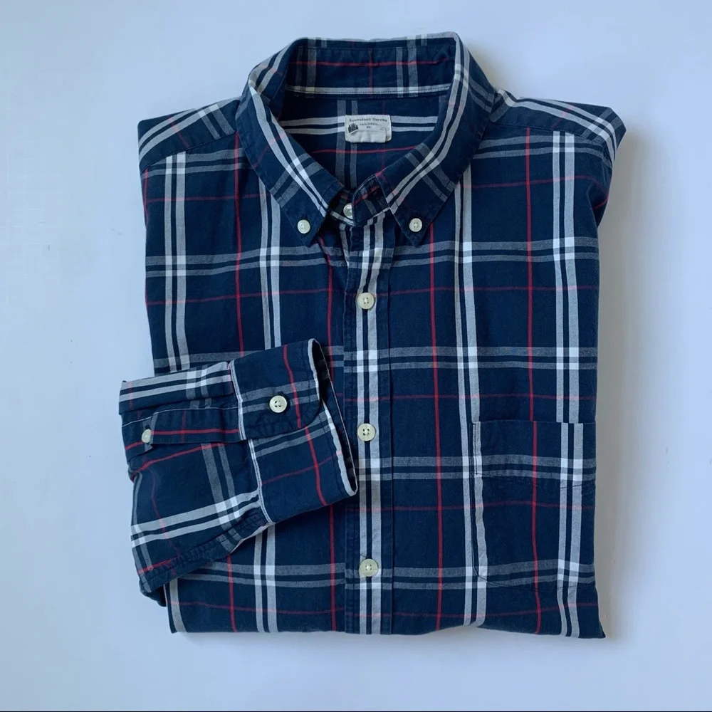 J. Crew Navy Plaid Tailored Fit Button Down Shirt Size Large
